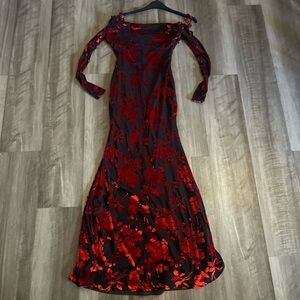Fashion Nova Black & Red Floral Off-Shoulder Velvet Gown